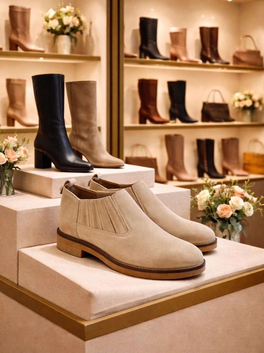 Women's Suede Chelsea Bootie in Light Beige